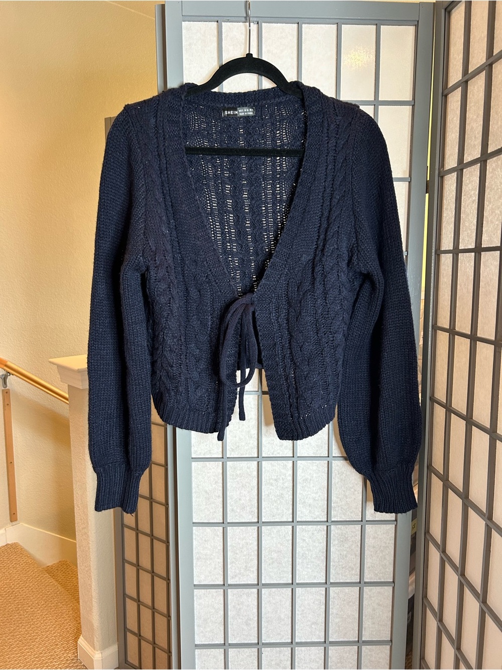 SHEIN Navy Cable-Knit Tie-Front Cardigan
